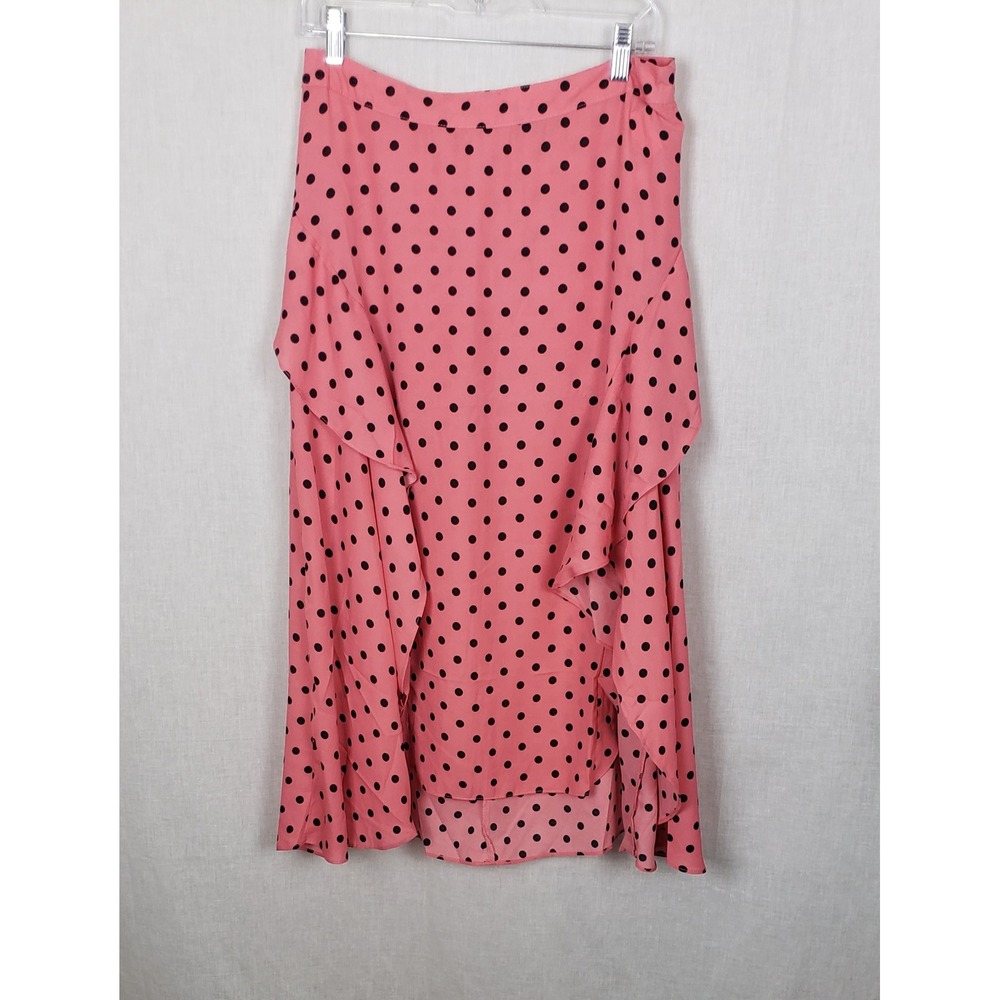 Melograno Rico Pink Black Polka Dot Ruffle High-Low Midi Skirt L Pinup Retro